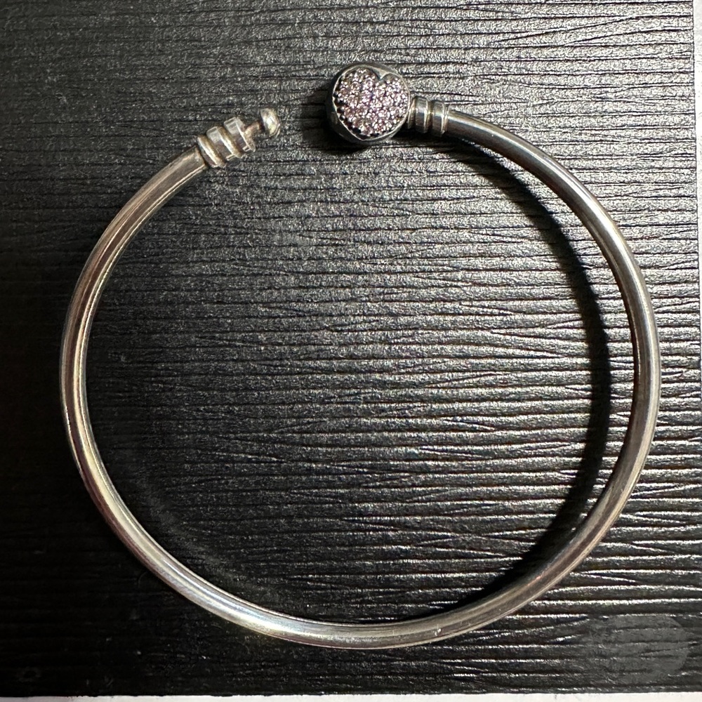 Vintage Pandora 925 Sterling Silver Pink Heart Clasp Bangle Bracelet